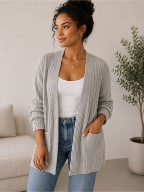 Michael Kors Light Gray Ribbed Open-Front Cardigan